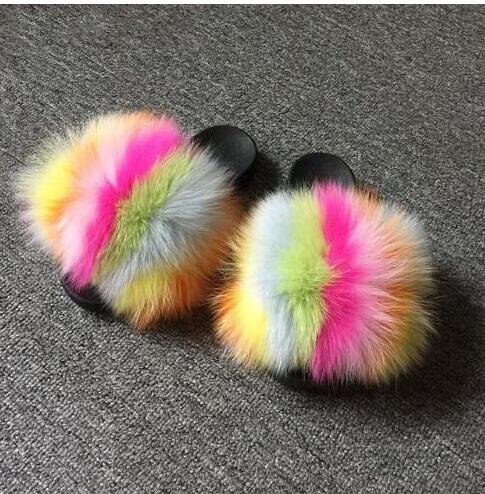 Real Fox Fur Slides Women Non-slip Slippers