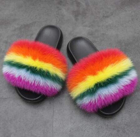 Real Fox Fur Slides Women Non-slip Slippers