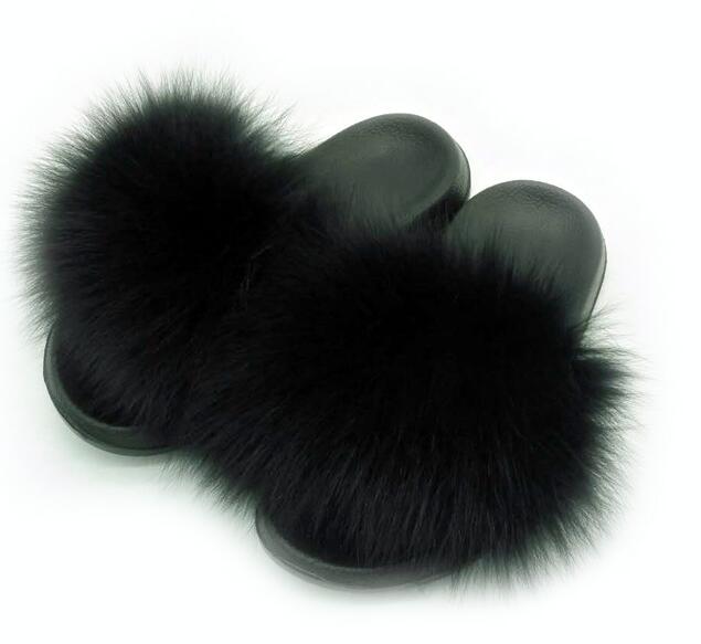 Real Fox Fur Slides Women Non-slip Slippers