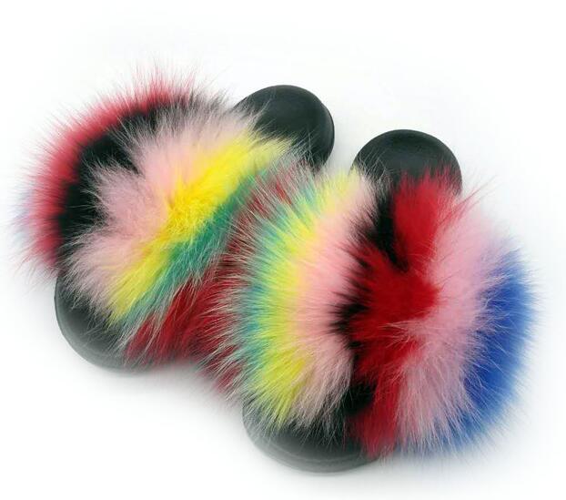 Real Fox Fur Slides Women Non-slip Slippers