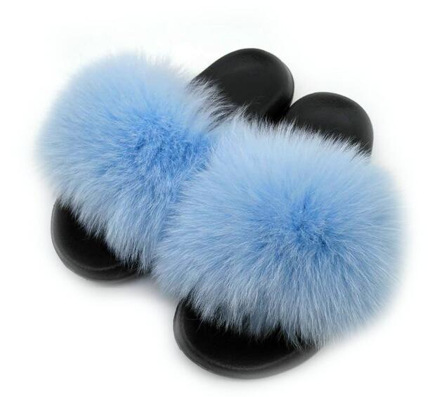 Real Fox Fur Slides Women Non-slip Slippers