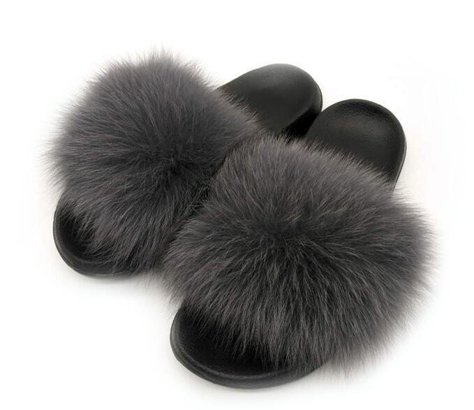 Real Fox Fur Slides Women Non-slip Slippers