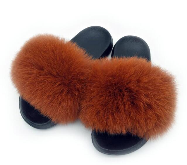 Real Fox Fur Slides Women Non-slip Slippers