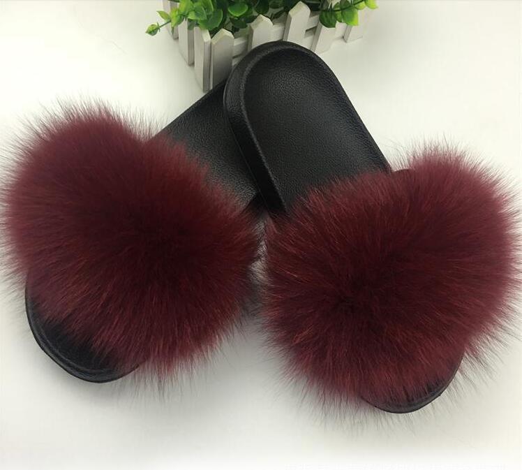 Real Fox Fur Slides Women Non-slip Slippers