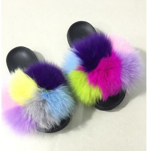 Real Fox Fur Slides Women Non-slip Slippers