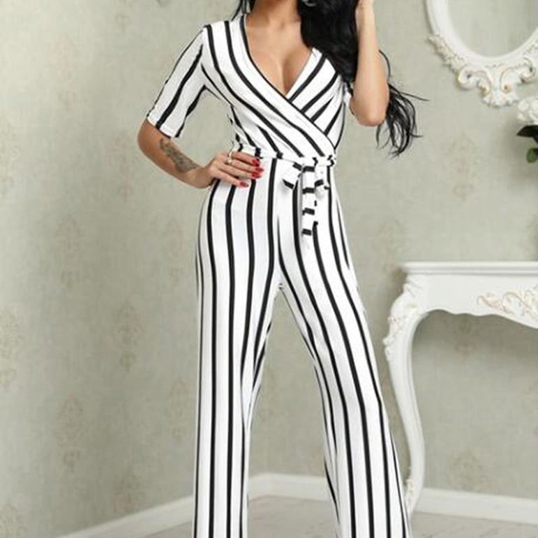 Summer Deep V Neck Sashes Jumpsuit