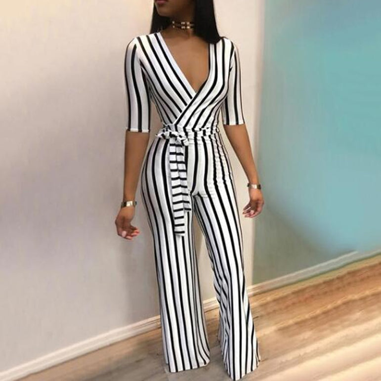 Summer Deep V Neck Sashes Jumpsuit