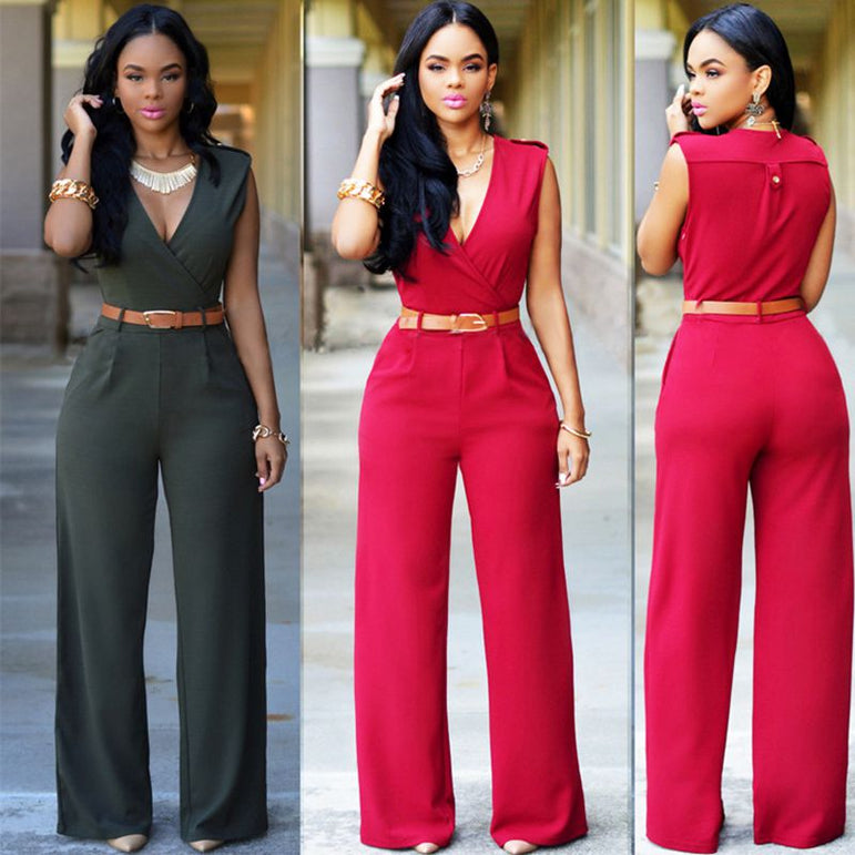 Women high waist v-neck wide jumpsuits