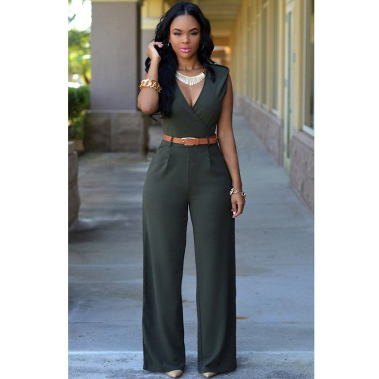 Women high waist v-neck wide jumpsuits