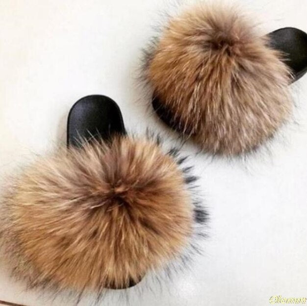 Hot Fur Slippers Women Fox Home Fluffy Sliders