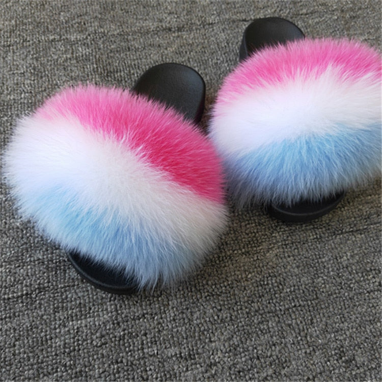 Hot Fur Slippers Women Fox Home Fluffy Sliders