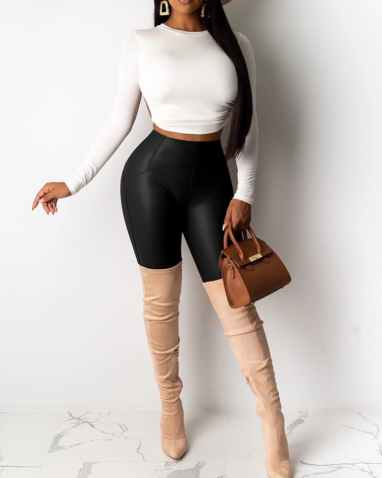 Leather Solid High Waist Pants